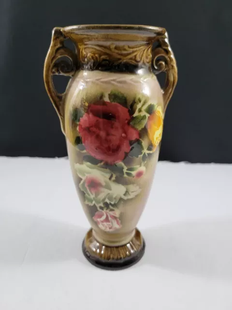 Art Pottery Vase Urn Hand Painted Multicolor Floral Handles Czechoslovakia 7"