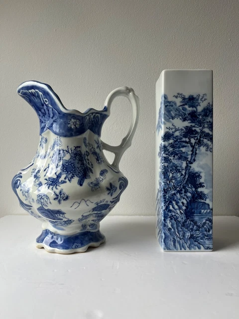 Antique Blue China Chintz Chinese Oriental Asian flower vase jug pitcher ceramic