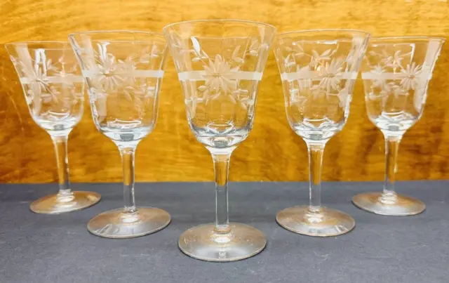 Vintage Set Of 5 Etched Floral Pattern Optic Clear Cut Crystal Wine Glasses