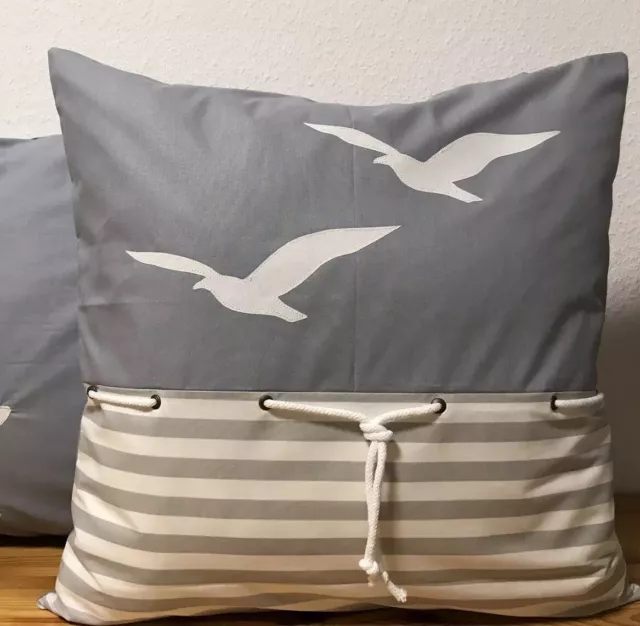 Maritime Kissenhülle Taie D'Oreiller Campagne Mouettes Gris/ Blanc Rayé 40x40cm