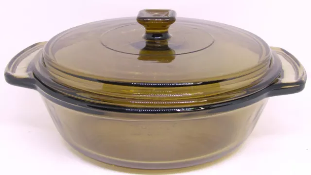 Vintage Anchor Hocking 1.5 Qt Casserole Amber Round Ovenware Dish with Lid.