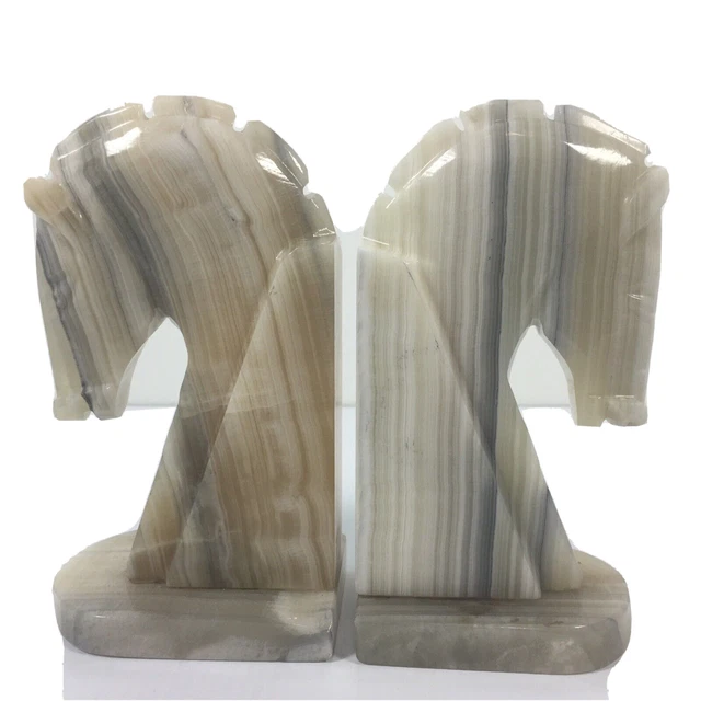 Vintage Marble Horse Bookends 1970s Knight Chess Neutral Colors