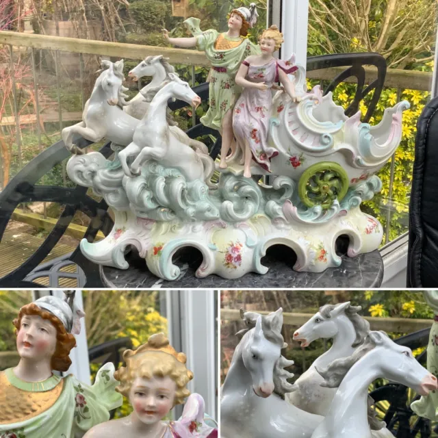 Antique Meissen Style Mythological Figural Group Porcelain Horses Chariot Waves