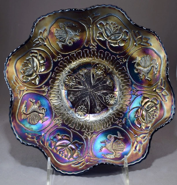 VINTAGE CARNIVAL GLASS Fenton Blue Dragon And Lotus Ruffled Edge Bowl 8