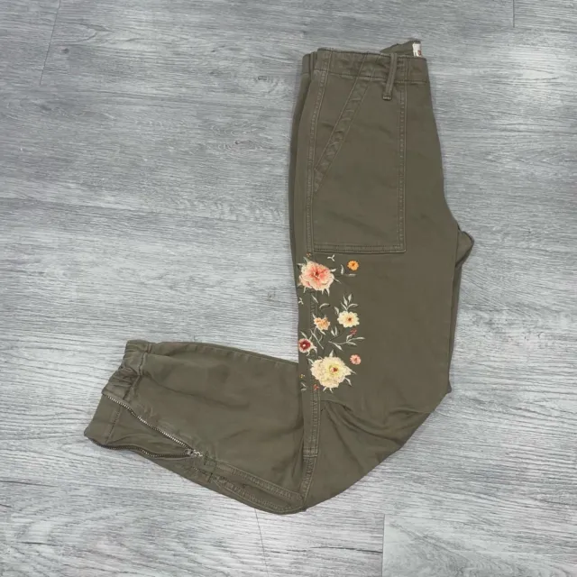 Driftwood Jogger Women’s 26 Cargo Pants Embroidered Floral Olive Green Ankle Zip