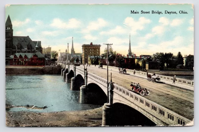 c1908~Dayton Ohio OH~Main Street Bridge~Downtown~River~Car~Antique Postcard