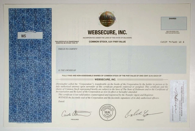 DE. Websecure, Inc, 1995. Specimen Stock Cert, XF-Au condition. SCUSBNC