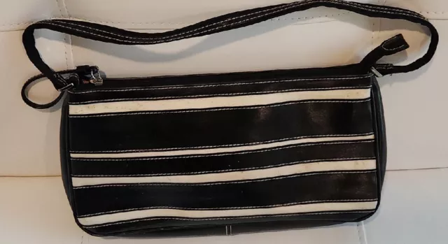 LIZ CLAIBORNE VINTAGE Tote Bag Purse Womens Black White Stripes VEGAN leather