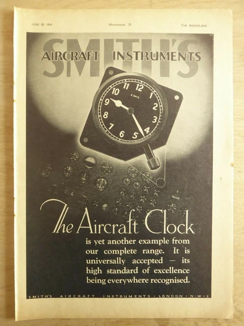 6/1941 PUB SMITHS Aircraft Instrument Aircraft Clock Original Ad EUR 10 ...