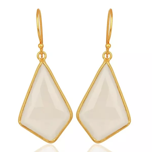 Beautiful Design White Chalcedony Kite Shape Gold Plated Earring Gift For Girl's