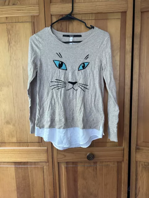 KENSIE Woman’s Cat Lover Kitten Kitty Face Layered Knit Sweater Top Gift S Small