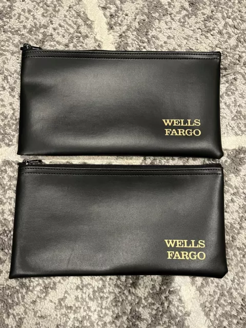 New 2X Wells Fargo Bank Money Deposit Bag Black Vinyl Zipper Bank Bag Pouch