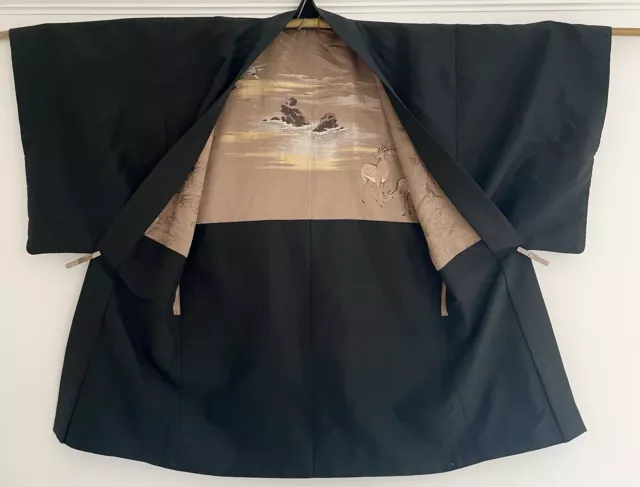 Vintage hand made Men's Haori Kimono Jacket Black  Silk landscape