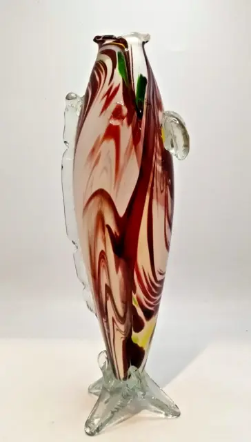 Vintage Murano Red Glass Tall Fish Vase or Ornament. VGC. Original Gold Label.