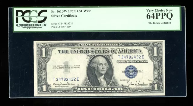 DBR 1935-D $1 Silver Fr. 1613W Wide TE Block PCGS 64 PPQ Serial T34782432E