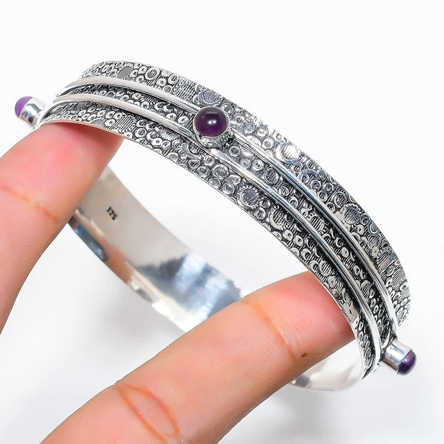 Sage Amethyst Gemstone Handmade 925 Sterling Silver Bangle 7-8" z301