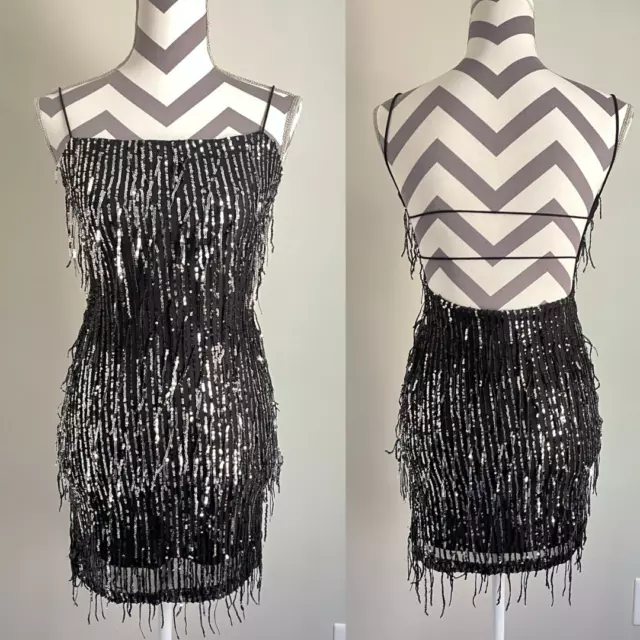 NWOT Lovely Day Fashion Mini Dress SMALL black silver sequin fringe strappy mesh