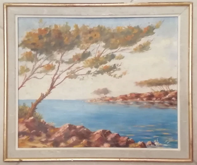 TABLEAU PAYSAGE BORD de mer Côte d'Azur années 1930 - 1940 personnages plage EUR 95,00 - FR