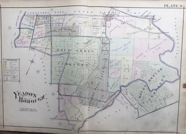 1909 Delaware County Pa Yeadon Boro Mount Moriah & Holy Cross Cemetery Atlas Map