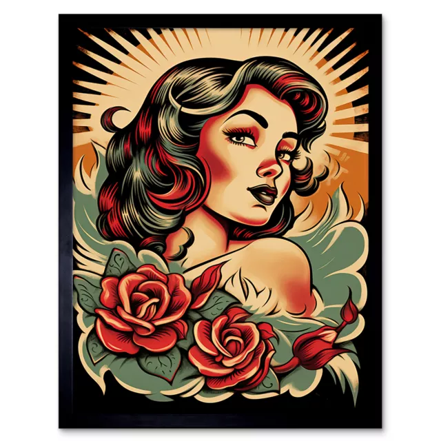 Pin Up Girl Roses Retro Tattoo Ink Body Art Rockabilly 50s Framed 12x16 Wall Art