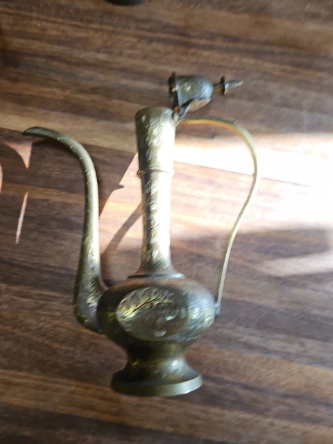 Vintage Brass Tea Water Pot Carafe Pitcher Floral Etched India Home Decor 13" 3