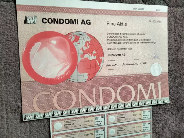 Condomi AG Aktie 1999 mit vollständigem Couponbogen - Kondome aus Köln
