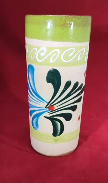 Mexican Folk art Clay Pottery Hand Painted Tropical Flower Themed 7" Tall Vase 2