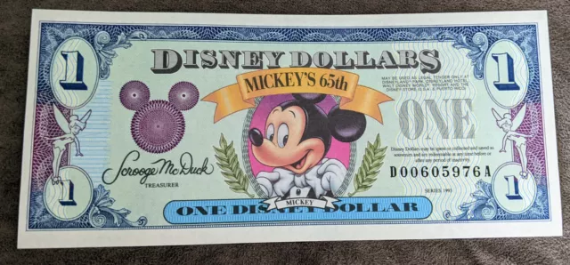 1993 $1 Disney Dollar - Mint Condition - Mickey's 65th - Series D