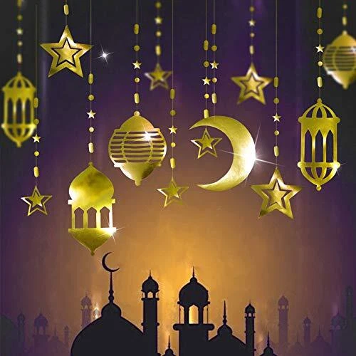 16pcs Islamic Gold Star Crescent Moon Lantern Ramadan Garland EID Decoration ...