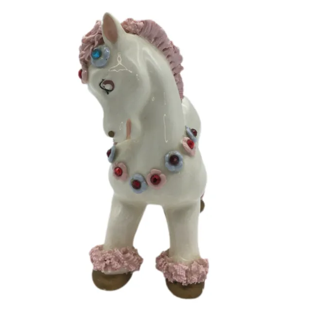 Vintage 1950's Spaghetti Horse White Ceramic Pink Spaghetti Detailed Rhinestones 3