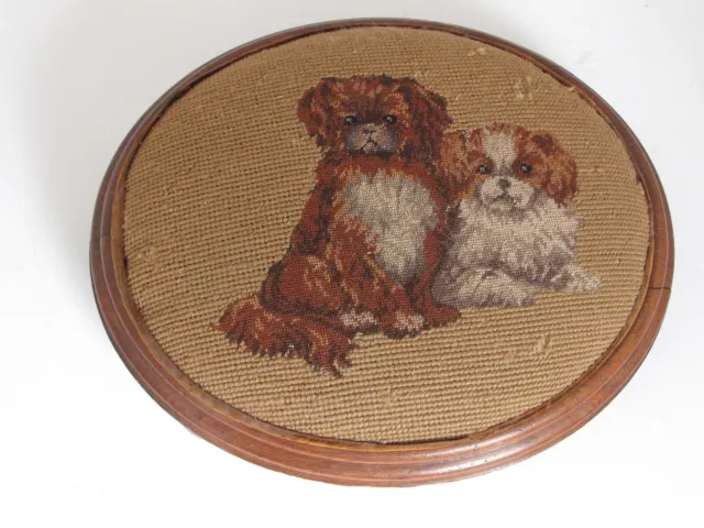 Antique Spaniel Dogs Needlepoint Oval Footstool Walnut Frame c. 1900