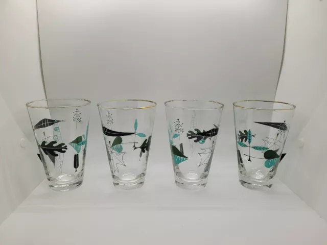 Set Of 4 Atomic Mid Century Mcm Glasses Tumblers Aqua Green  Leaves Anchor...