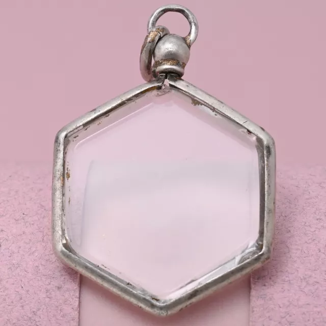 Antique Victorian Glass Hexagon Sterling Silver Photo Charm Locket Pendant