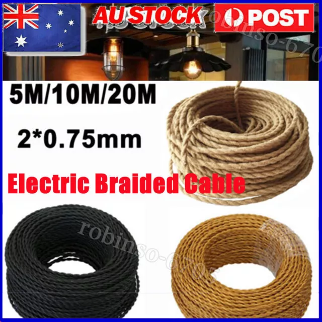 5M - 20M 2-Core Vintage Coloured Rope Twist Fabric Braided Electric Cable Lamp