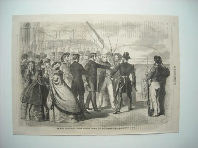 Gravure 1861. Guerre De Secession. Mm. Mason Et Sildell Arretes A Bord Du Trent.