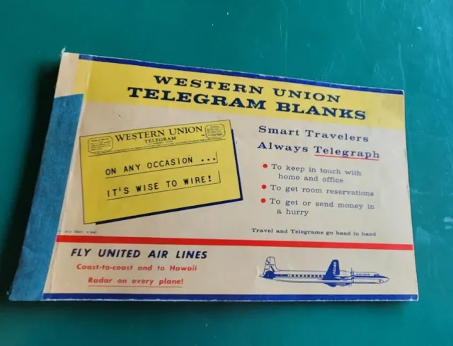 Vintage United Airlines Western Union Telegram Blank Book..nice Advertising