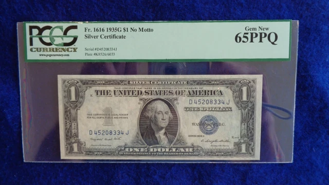 1935G $1 Silver Cert FR1616 PCGS 65  Gem New PPQ No Motto