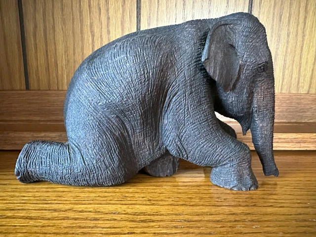 Teak Wood Kneeling ELEPHANT Sculpture Hand Carved Wooden Figurine 7.5", Unusual