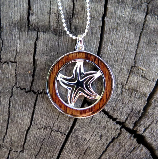 Hawaiian Koa Wood Hawaii Jewelry Starfish Rhodium Plated Brass Pendant BRP1142