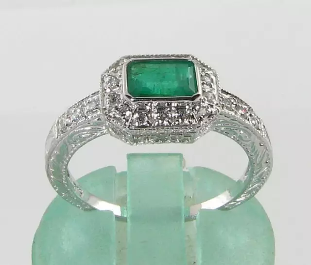 9k 9CT WHITE GOLD COLOMBIAN EMERALD DIAMOND ART DECO INS CLUSTER RING Size U