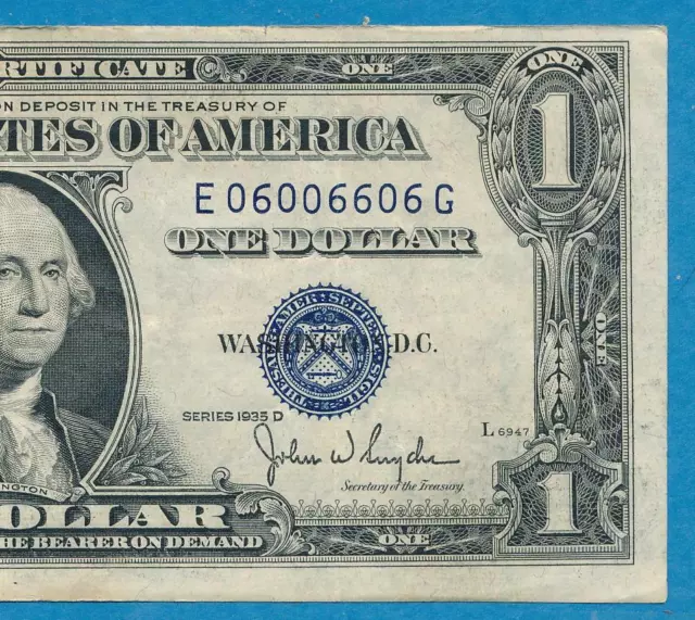 $1.00  1935-D  Blue Seal Silver Certificate Attractive Fancy # 06006606