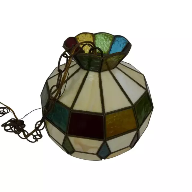 Vintage 12" Leaded Stained Slag Glass Caramel Blue Green Hanging Light Lamp