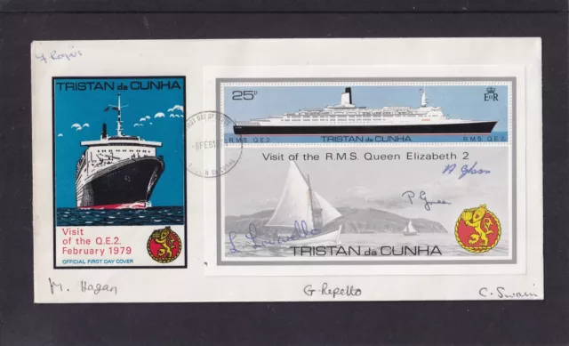 Tristan da Cunha 1979 Visit ship Queen Elizabeth 2 MS FDC signed 7 islanders