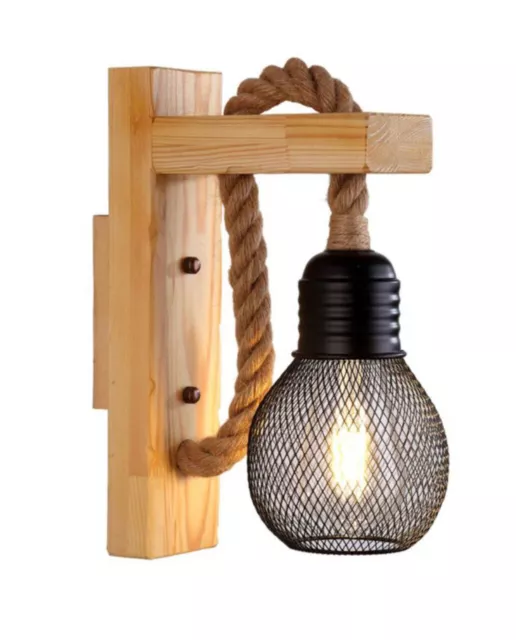 Applique lampada da parete in legno e corda di canapa E27 stile classico country