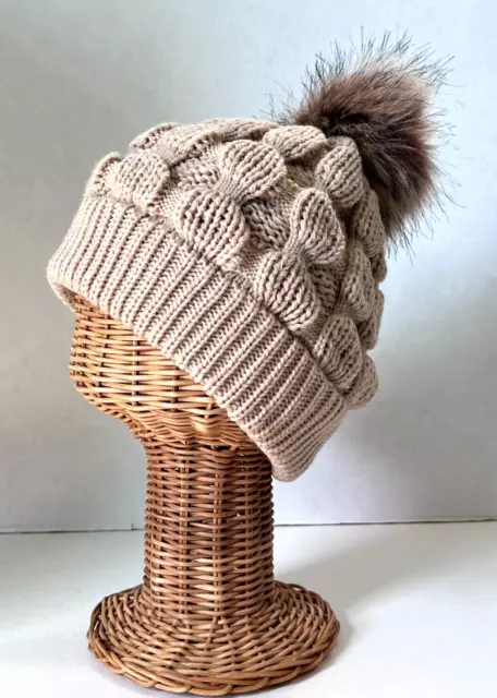 New Women's Winter Beige Knitted Beanie Ski Hat with Faux Fur Pom Stretchy #N