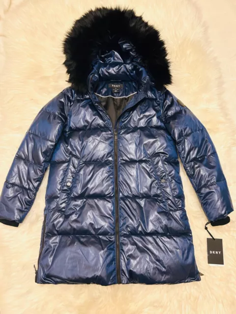  NWT DKNY GORGEOUS  BLUE High-Shine Faux Fur Trim Hooded Puffer Coat SZ M WOMENS