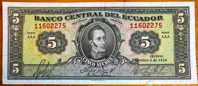 1954 Ecuador 5 Cinco Sucres Banknote AAA 11602275 P# 98c Uncirculated Crisp