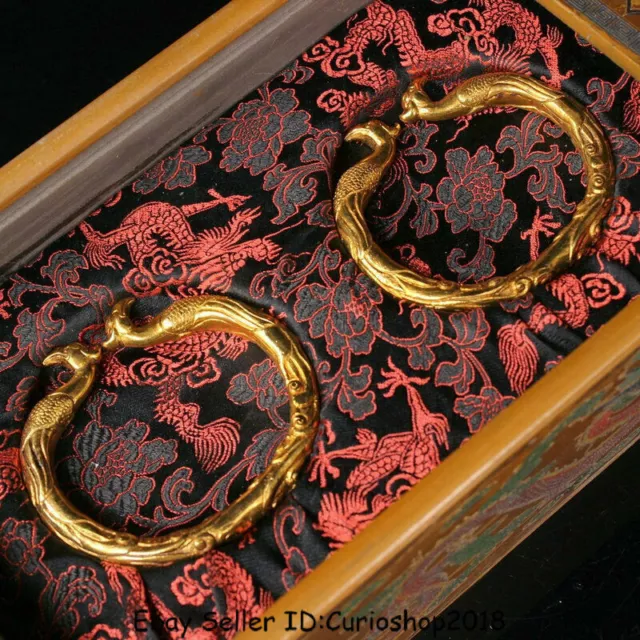 3.6" Old Chinese Copper 24K Gold Gilt Phoenix Birds bracelet bangle Pair Box Set