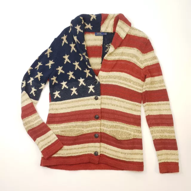 Polo Ralph Lauren American Flag Cardigan LARGE Women USA Knit Sweater Shawl Neck