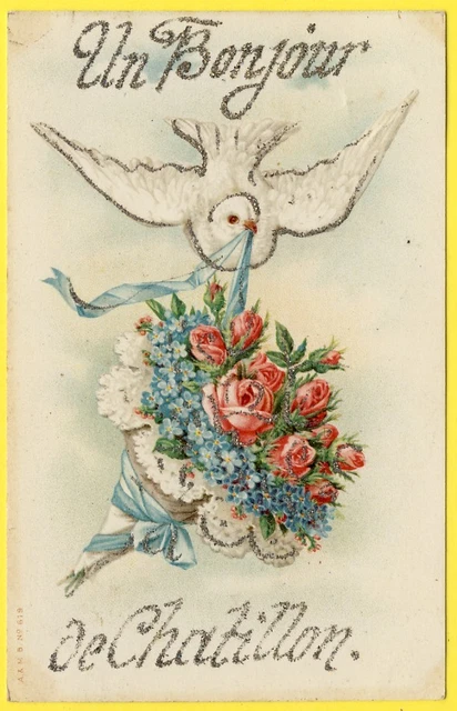 cpa fantaisie decoupi fleur lys colombe
